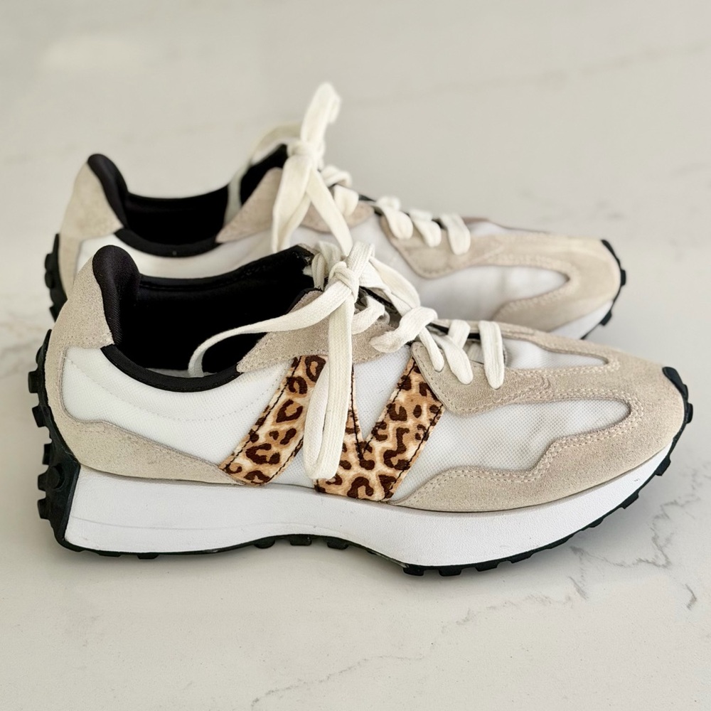 New Balance Women's White and Beige Sneakers with Leopard 'N' Accent